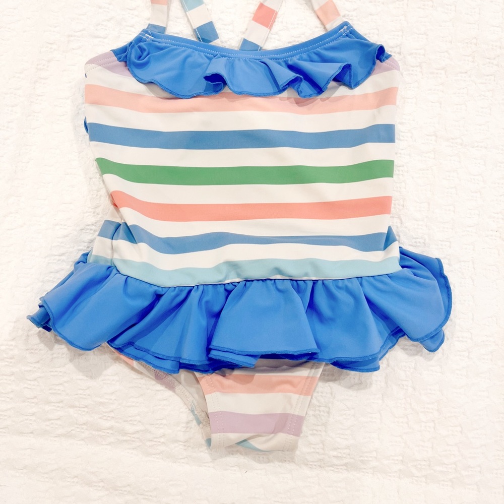 Blue and Green One Piece Swimsuit with Ruffle Details by TBBC